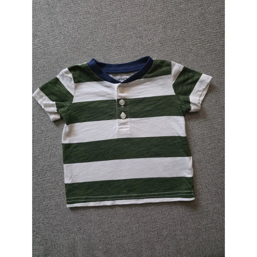 Carters Baby Boy 3M Henley Shirts Set of 2 Striped Slub Knit Green Blue 3 Months
